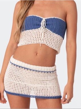 Edikted Blue and White Crochet Bandeau Top with Matching Mini Skirt